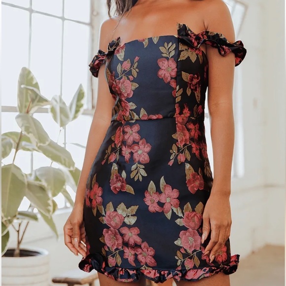 Lulus Dresses & Skirts - LULUS NAVY FLORAL OFF SHOULDER JACQUARD COCKTAIL DRESS